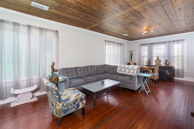 living room with crown molding, wood ceiling, and dark hardwood / wood-style floors