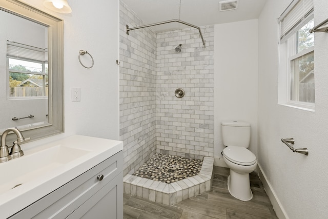 bathroom with a healthy amount of sunlight, toilet, a tile shower, and vanity