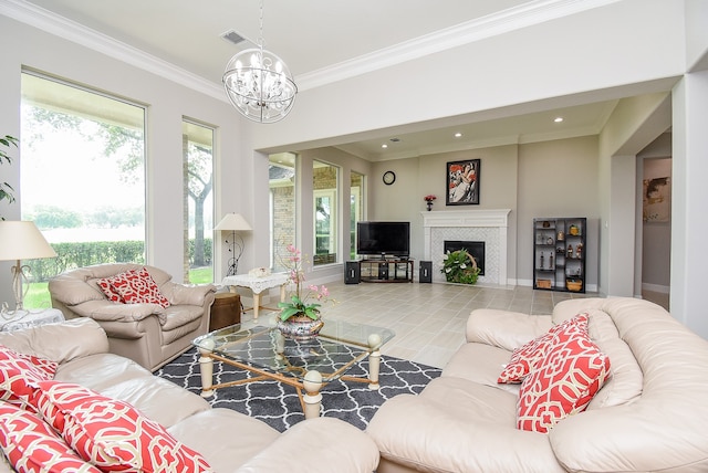 tiled living room featuring crown molding and a chandelier