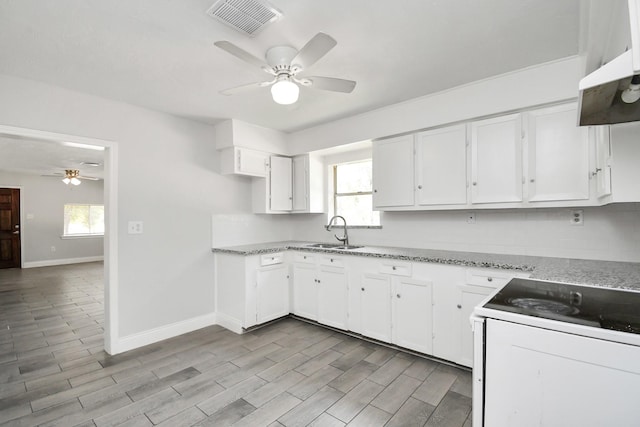 kitchen featuring electric stove, visible vents, light wood-style floors, white cabinetry, and a sink