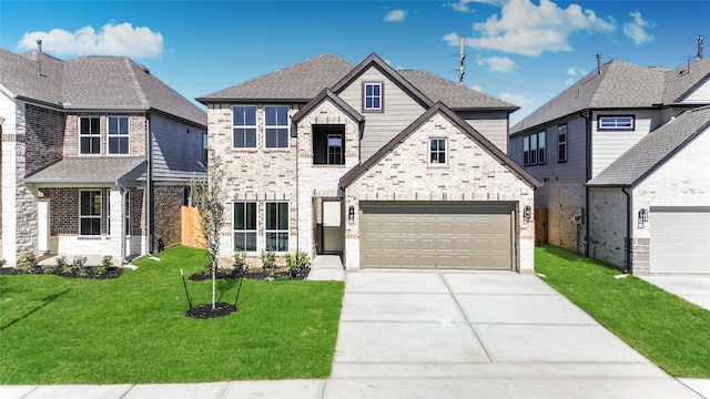 view of front of home with a garage and a front lawn