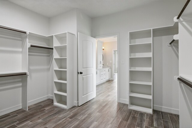 walk in closet with dark hardwood / wood-style floors