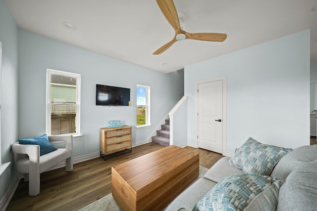 living room featuring ceiling fan and dark hardwood / wood-style floors