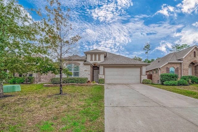 view of front of property with a garage and a front lawn