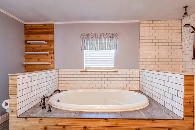 bathroom with a textured ceiling, crown molding, and plus walk in shower