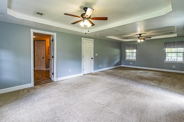 spare room with a raised ceiling, ceiling fan, and carpet floors