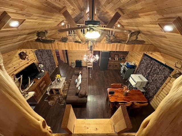 living room featuring wooden walls, wooden ceiling, hardwood / wood-style floors, lofted ceiling, and ceiling fan