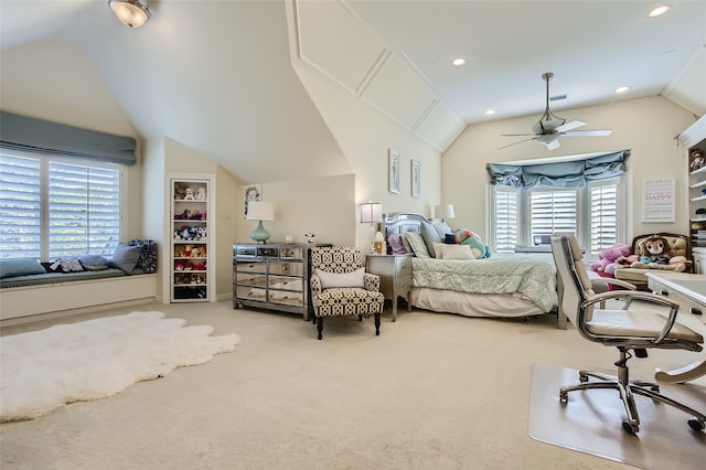 carpeted bedroom with lofted ceiling and ceiling fan