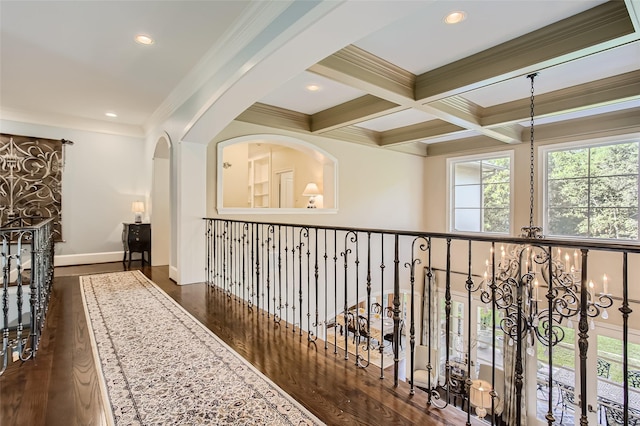 25002 Falling Water Estates Ln, Katy, TX 77494 - corridor with dark wood finished floors, beamed ceiling, healthy amount of natural light, ornamental molding, and recessed lighting