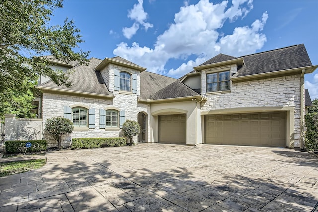25002 Falling Water Estates Ln, Katy, TX 77494 - french provincial home featuring stone siding, driveway, an attached garage, and a shingled roof