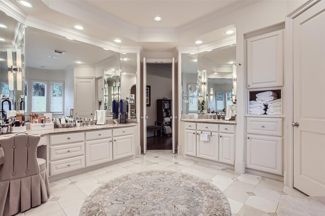 25002 Falling Water Estates Ln, Katy, TX 77494 - full bath with crown molding, vanity, recessed lighting, tile patterned flooring, and a tray ceiling