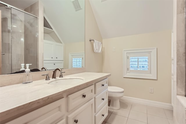25002 Falling Water Estates Ln, Katy, TX 77494 - bathroom featuring a shower with shower door, tile patterned floors, vanity, toilet, and lofted ceiling