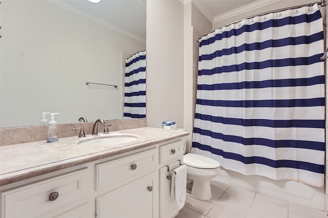 full bathroom with tile patterned floors, toilet, shower / bath combination with curtain, vanity, and ornamental molding