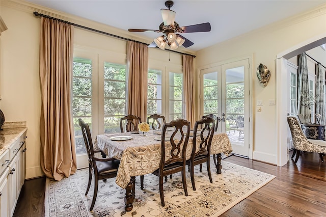 25002 Falling Water Estates Ln, Katy, TX 77494 - dining space featuring ceiling fan, wood finished floors, baseboards, french doors, and crown molding