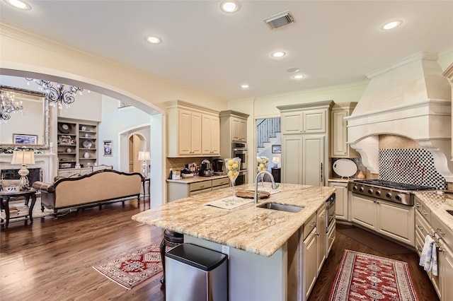 25002 Falling Water Estates Ln, Katy, TX 77494 - kitchen with a sink, light stone countertops, ornamental molding, dark wood-style floors, and a kitchen island with sink