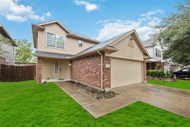 view of front of property featuring a garage and a front lawn