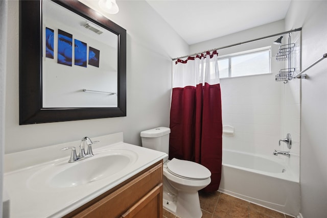 full bathroom with tile patterned flooring, vanity, toilet, and shower / bath combination with curtain