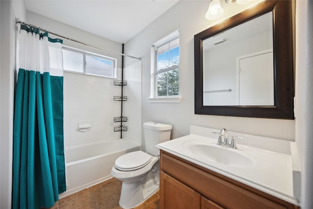 full bathroom featuring vanity, toilet, tile patterned floors, and shower / bathtub combination with curtain