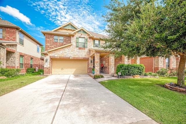 craftsman-style home featuring a garage and a front lawn