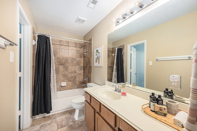 full bathroom with shower / bathtub combination with curtain, toilet, and vanity