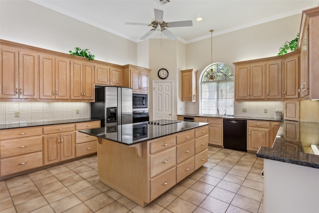 kitchen with backsplash, hanging light fixtures, black appliances, ceiling fan, and ornamental molding