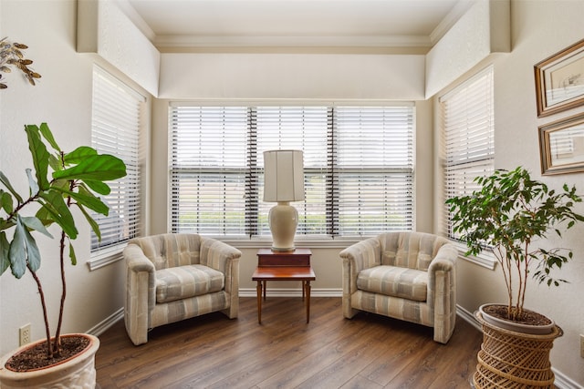 sitting room with crown molding and dark hardwood / wood-style flooring