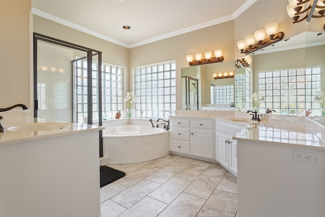 bathroom featuring crown molding, vanity, independent shower and bath, and tile patterned flooring