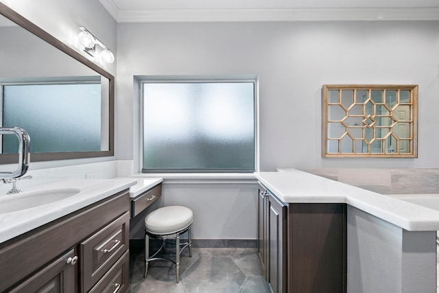 bathroom featuring vanity, tile patterned floors, and ornamental molding