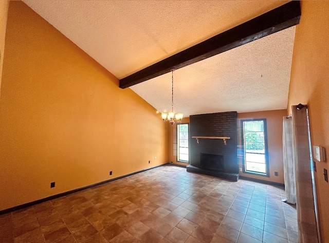 unfurnished living room with a notable chandelier, tile patterned floors, a textured ceiling, a brick fireplace, and lofted ceiling with beams