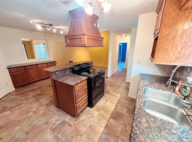 kitchen with a textured ceiling, premium range hood, sink, black range with electric cooktop, and track lighting