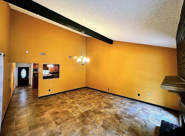 unfurnished living room featuring beamed ceiling, high vaulted ceiling, a notable chandelier, and a textured ceiling