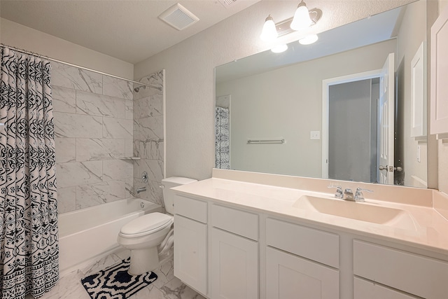 full bathroom with vanity, toilet, shower / tub combo with curtain, and a textured ceiling