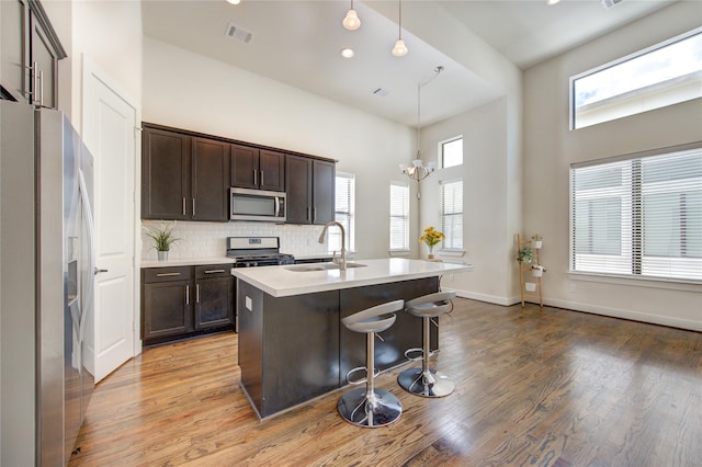 kitchen featuring decorative backsplash, stainless steel appliances, dark brown cabinets, light countertops, and a sink