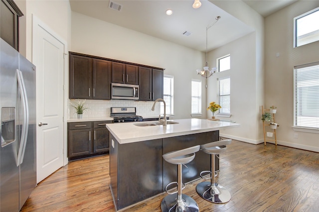 kitchen featuring appliances with stainless steel finishes, visible vents, a sink, and dark brown cabinets