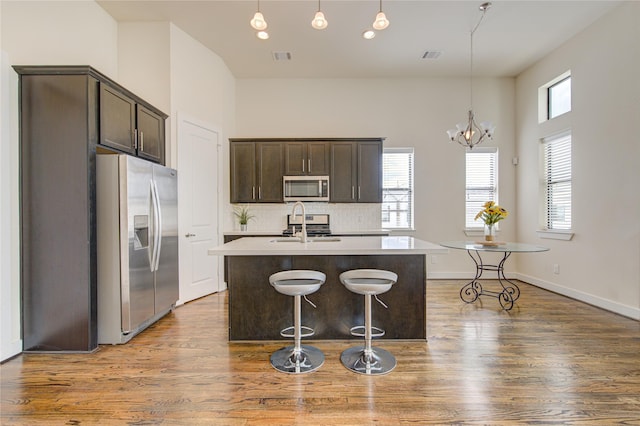 kitchen featuring a kitchen island with sink, dark brown cabinetry, stainless steel appliances, wood finished floors, and visible vents