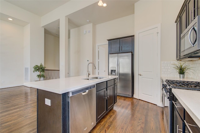 kitchen featuring dark wood-style floors, stainless steel appliances, decorative backsplash, a sink, and an island with sink