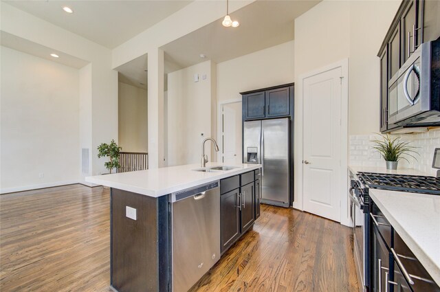 kitchen featuring dark wood finished floors, backsplash, appliances with stainless steel finishes, a kitchen island with sink, and a sink