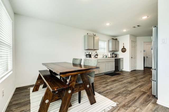 dining area featuring plenty of natural light, sink, and dark wood-type flooring