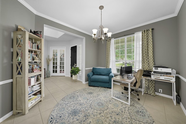 tiled home office featuring a notable chandelier and ornamental molding