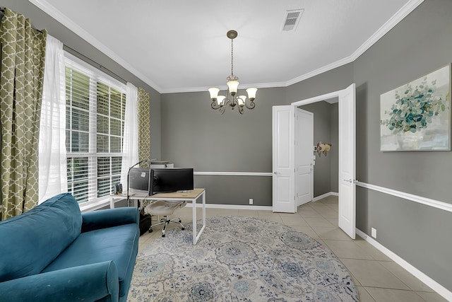 tiled office featuring ornamental molding and an inviting chandelier