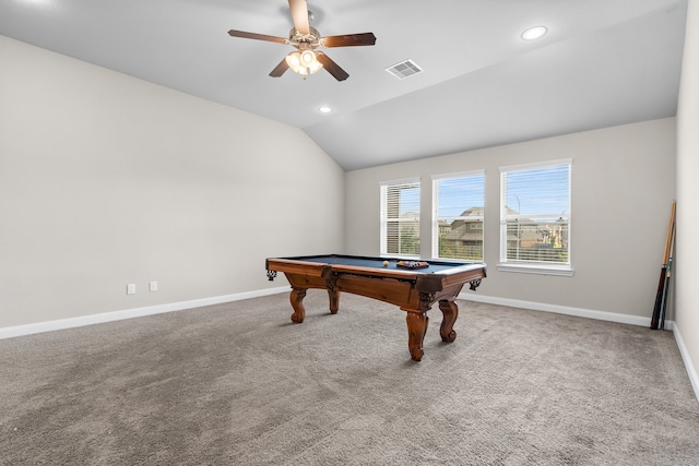 recreation room with ceiling fan, pool table, vaulted ceiling, and carpet