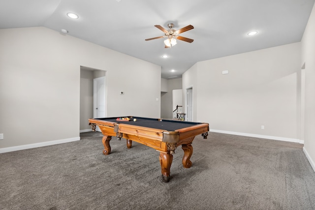 rec room with ceiling fan, vaulted ceiling, dark colored carpet, and billiards