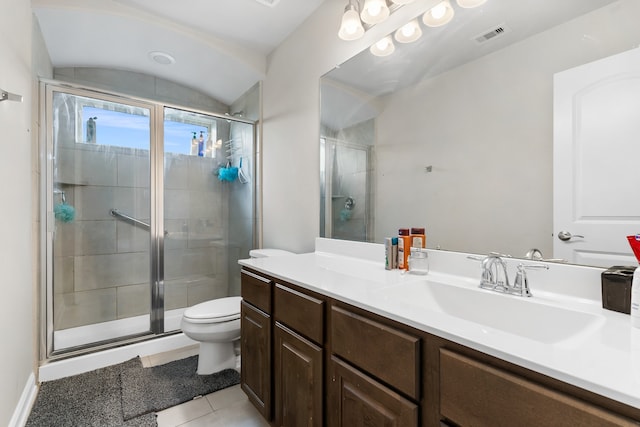 bathroom featuring tile patterned floors, vanity, an enclosed shower, vaulted ceiling, and toilet