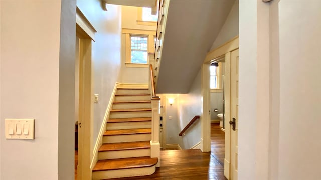 stairs with hardwood / wood-style floors, a healthy amount of sunlight, and vaulted ceiling