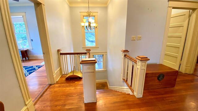 1804 33rd St, Galveston, TX 77550 - corridor with hardwood / wood-style floors, an upstairs landing, a chandelier, baseboards, and ornamental molding