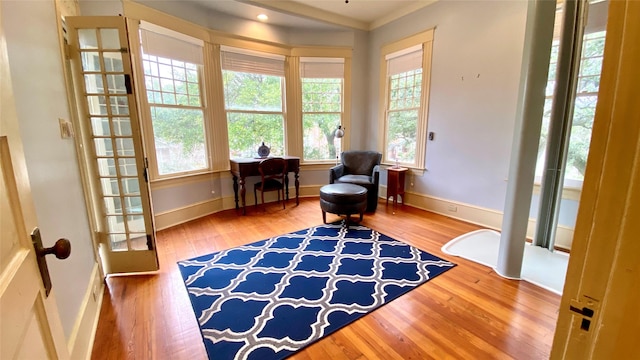 living area with plenty of natural light and hardwood / wood-style floors