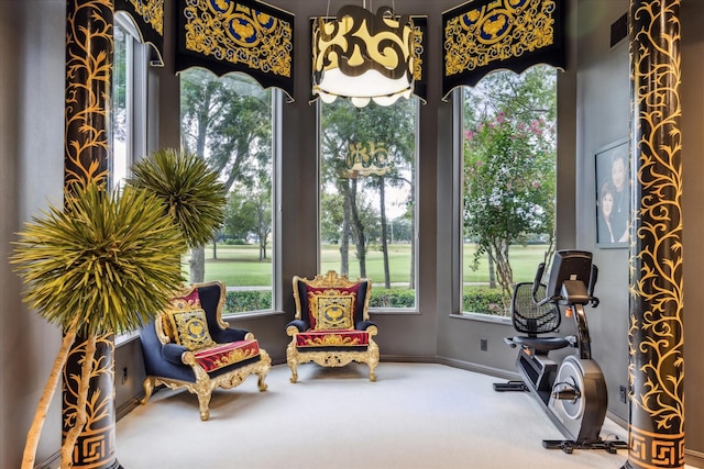 sitting room featuring carpet floors, visible vents, and baseboards