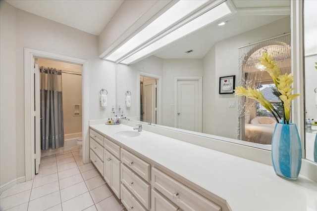 bathroom featuring tile patterned flooring, toilet, visible vents, vanity, and shower / bath combo