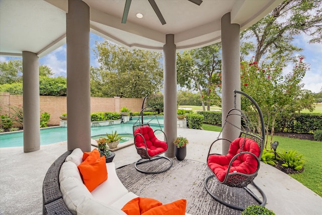 view of patio with a fenced backyard, an outdoor hangout area, and a fenced in pool