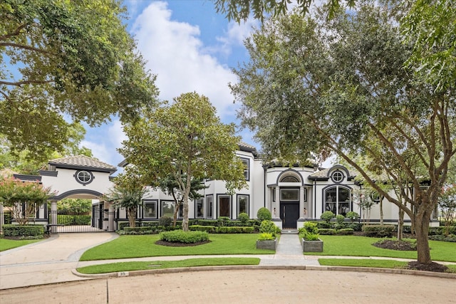 view of front of home featuring a front lawn, a gate, concrete driveway, and stucco siding